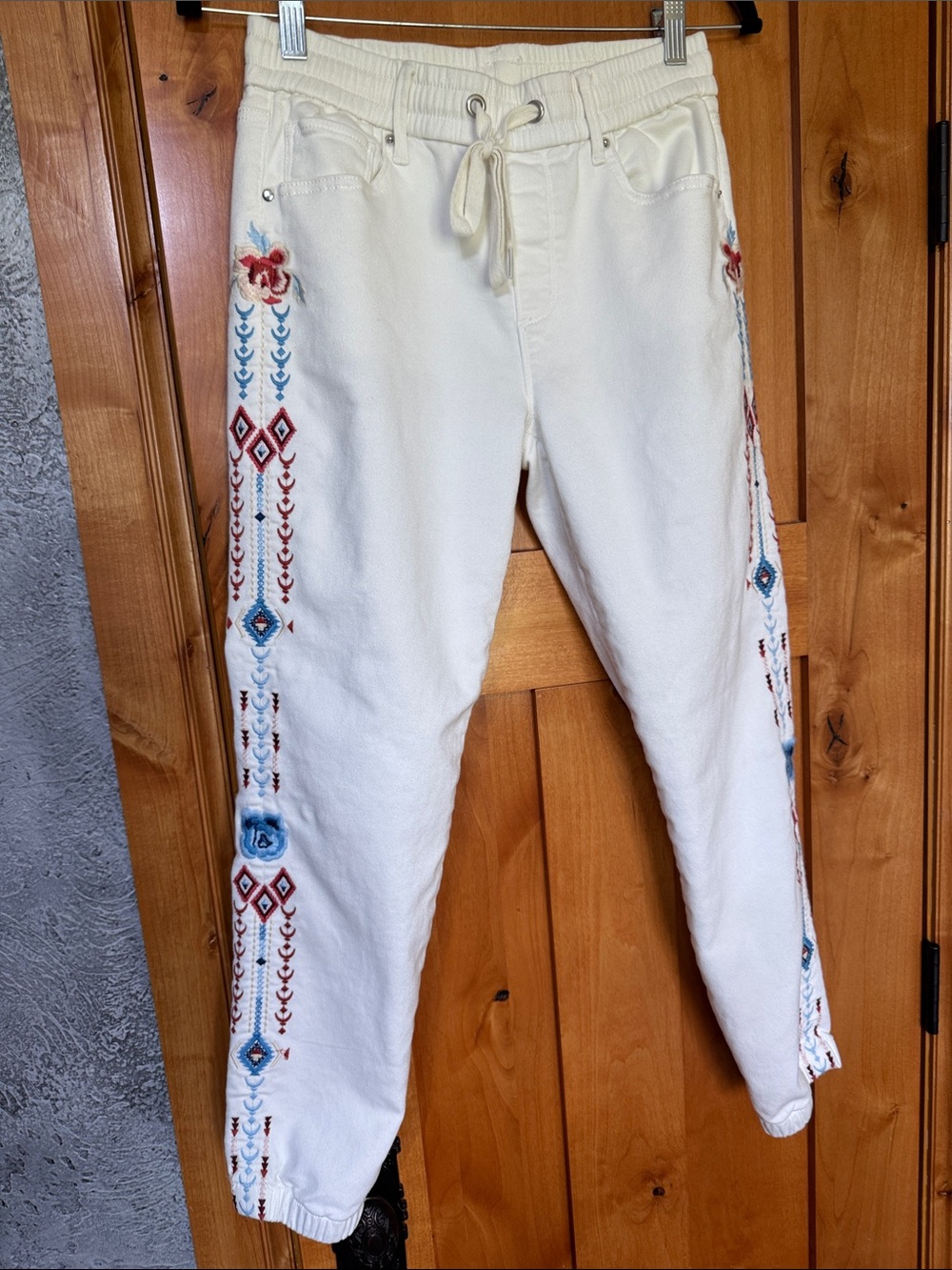 Driftwood Embroidered White Jogger Pants with Boho Side Trim